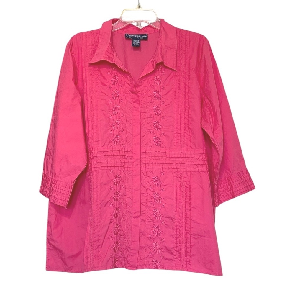 Susan Graver Button Up Tunic XL Pink Embroidered‎ Pintuck Cotton Career Top